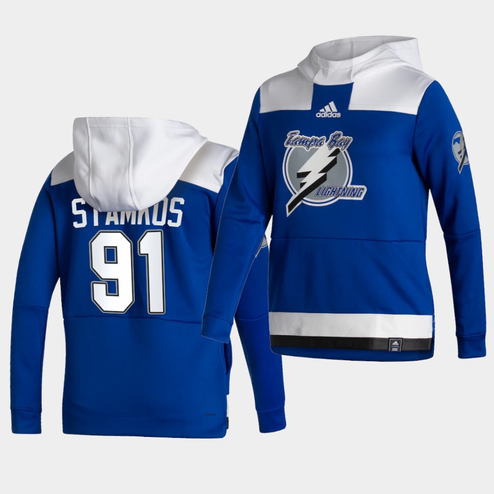 Men Tampa Bay Lightning #91 Stamkos Blue NHL 2021 Adidas Pullover Hoodie Jersey
